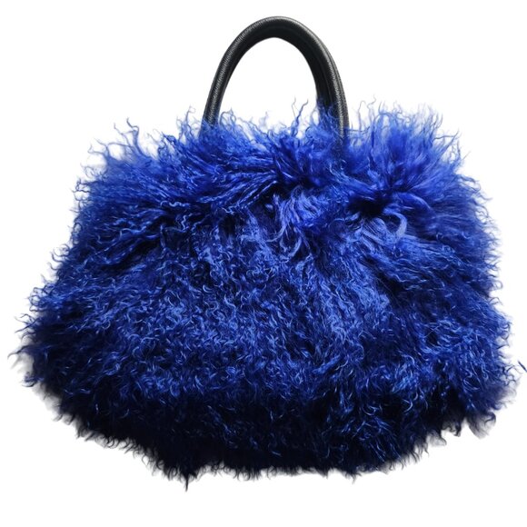 New Blue Mongolian Lamb Fur Hand Bag - Picture 4 of 11